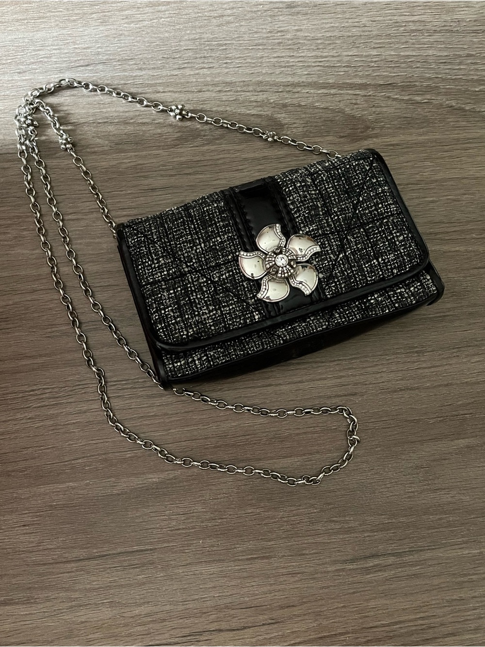 Brighton Black/Gray Tweed Chloe Clutch Crossbody with Chain Strap Bag Purse
